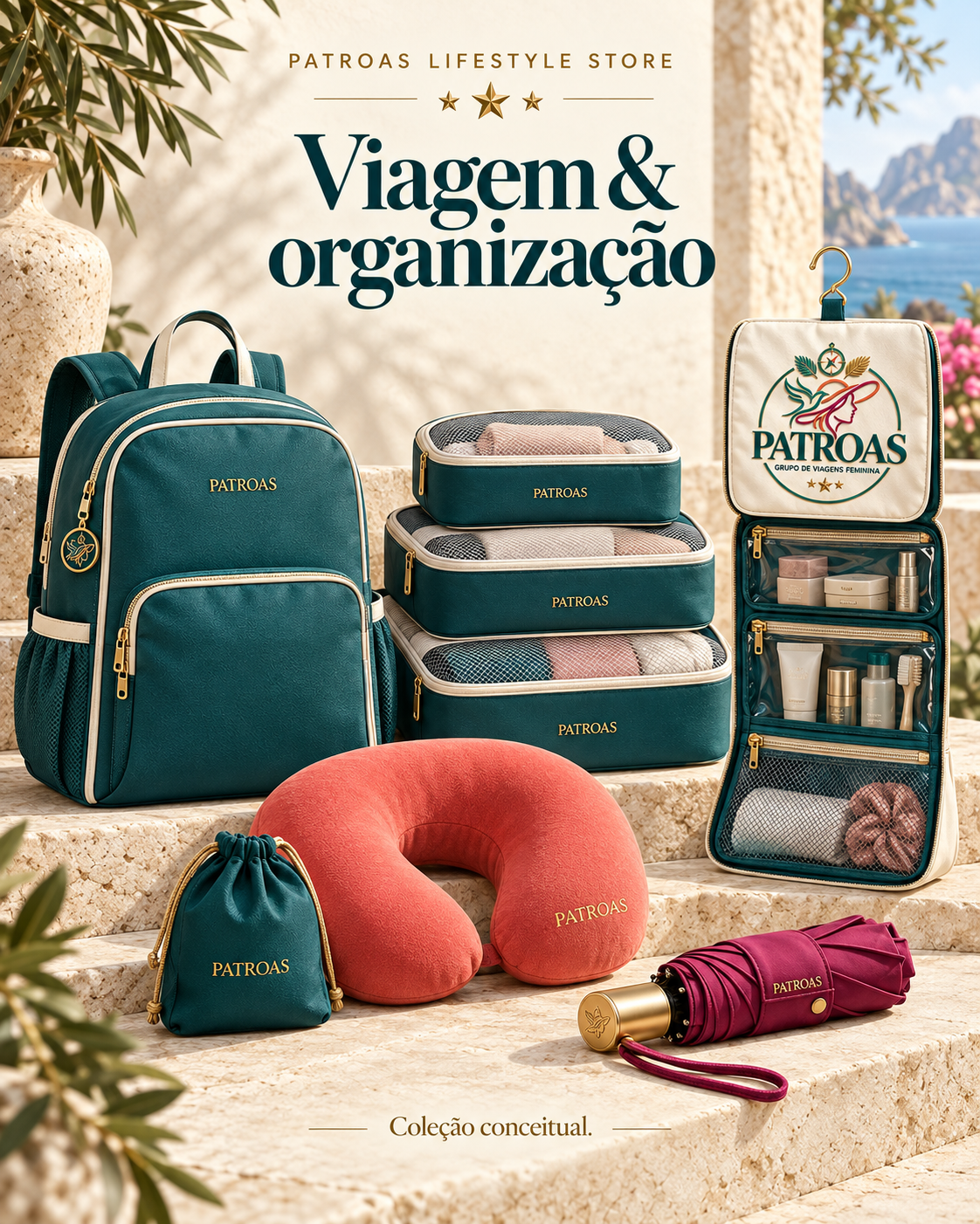 Viagem & organização da coleção Patroas — conceito ilustrativo